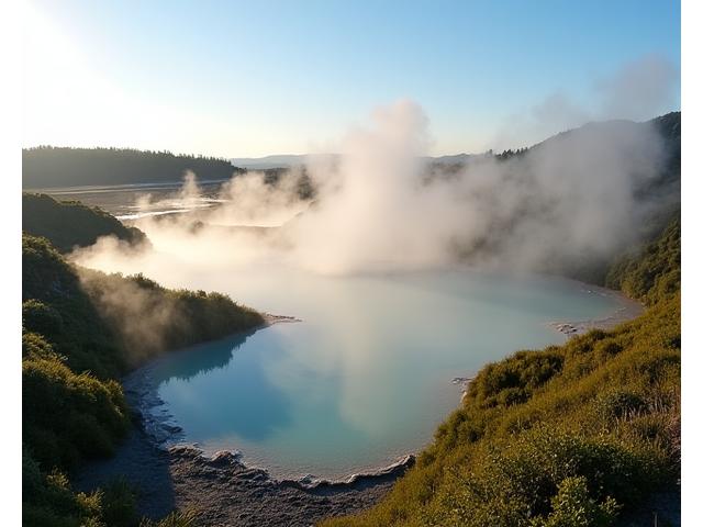 Geothermal landscape of Rotorua with steam rising