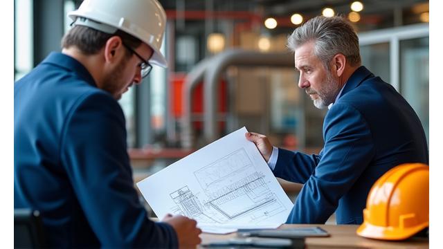 Engineers discussing blueprints with a geothermal power plant in the background, symbolizing expert consulting