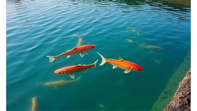 Pristine aquaculture pond being gently warmed by geothermal pipes, with healthy fish visible