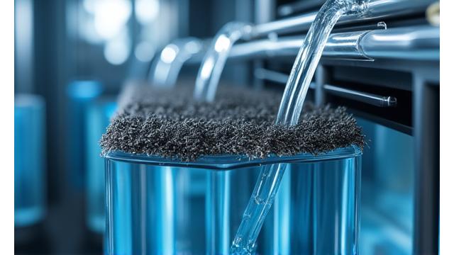 Close-up of a state-of-the-art volcanic ash filtration system with clear water flowing